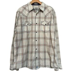 MoonShine Spirit Men’s Size L Light Blue Gray Plaid Pearl Snap Button Down Shirt